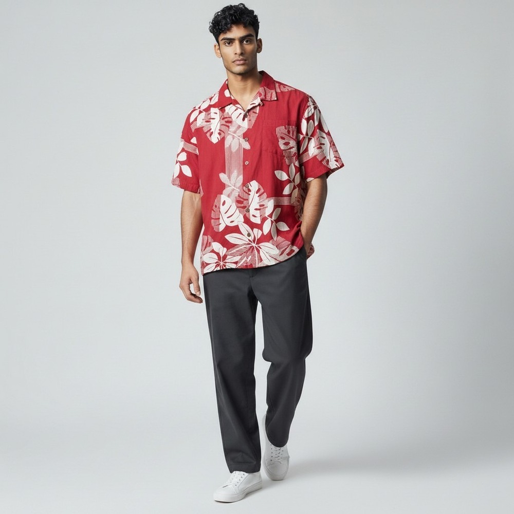 Tommy Bahama Silk Shirt XL Red Tropical Floral Short Sleeve Button Down Camp